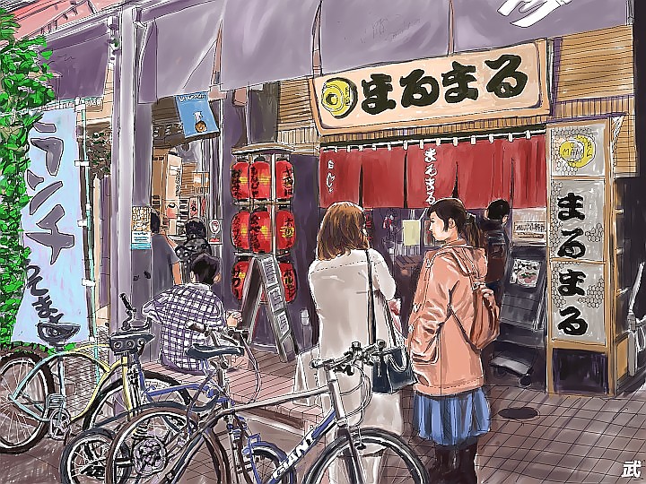 食べ物屋さんの前で楽しい会話がはづみます　イメージ：東京　風871