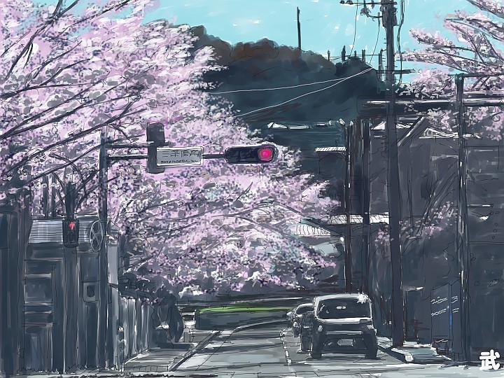桜並木を車が行きます-2　イメージ：八幡東区　風888